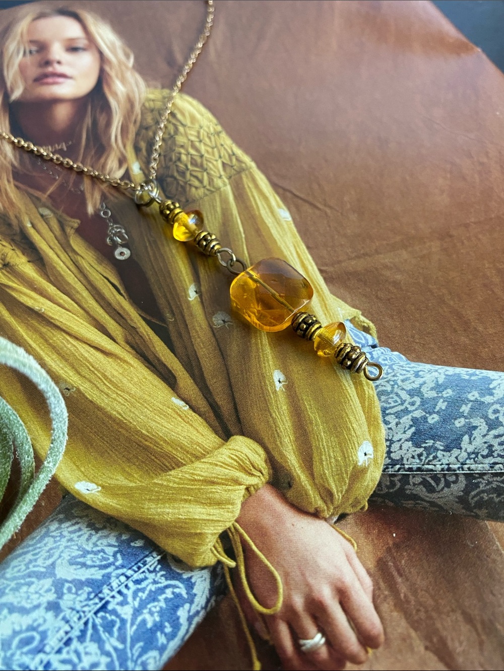 Vintage Amber Glass Bead Pendant Necklace - Gold Chain